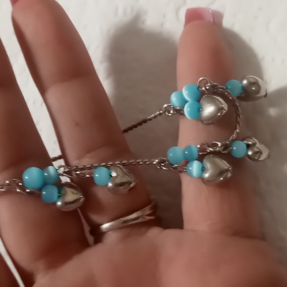 Blue cats eye quartz with silver heart charms in silver plated bracelet 7+3 inch - Picture 6 of 6